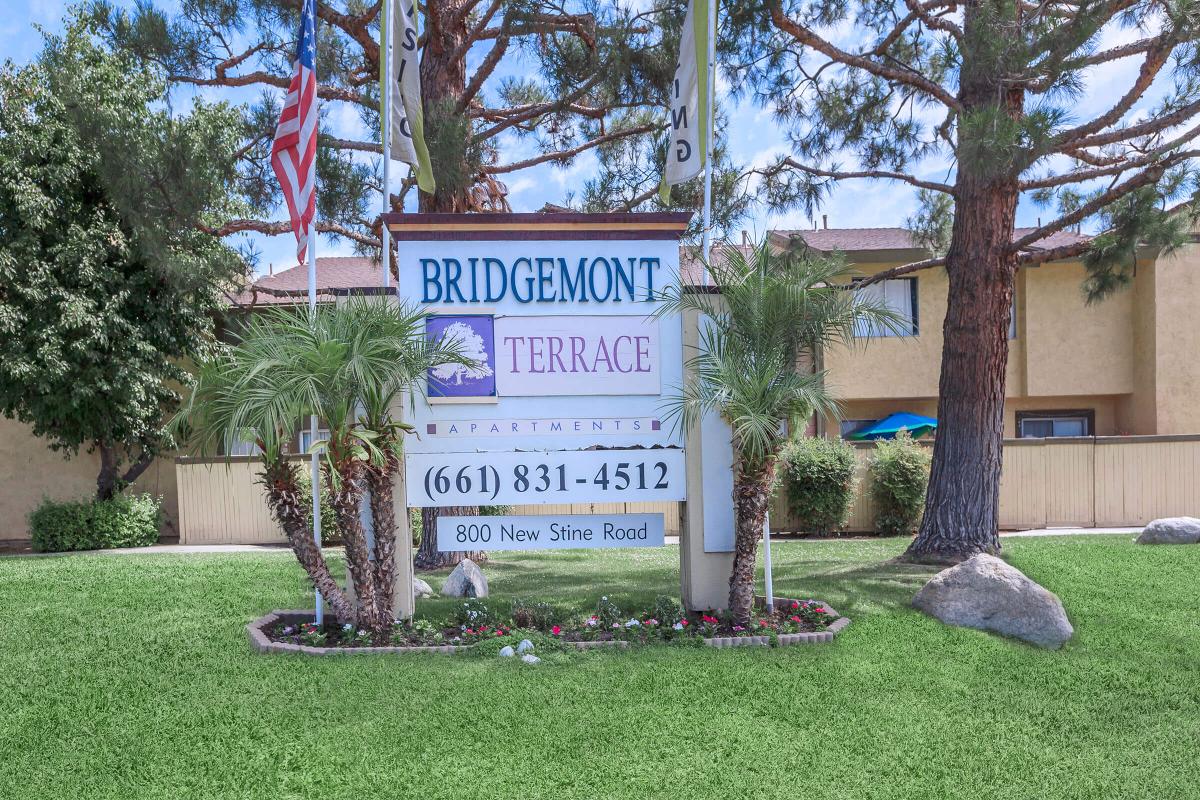 a sign in front of a tree