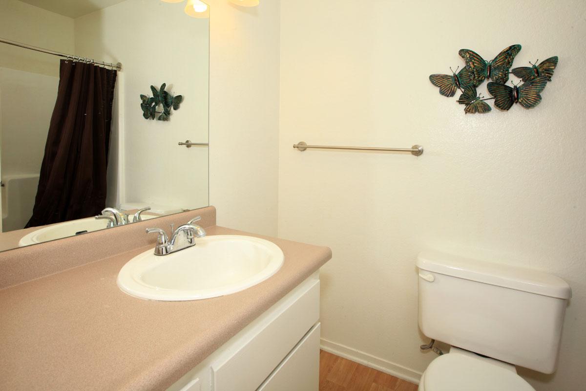 a white sink sitting under a mirror