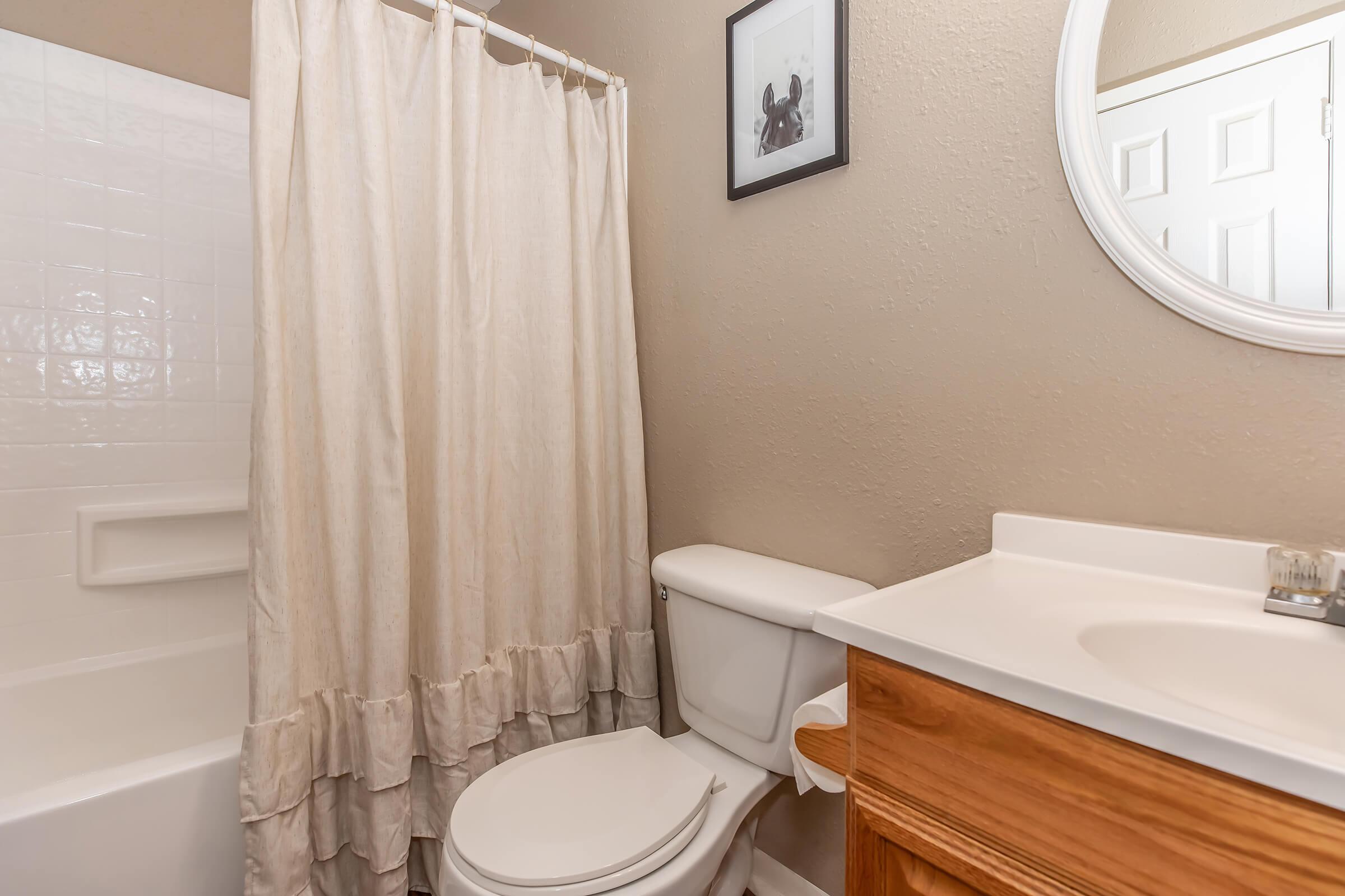 A small bathroom featuring a shower with a white curtain, a modern toilet, and a wooden vanity with a sink. A circular mirror is above the sink, and a black-and-white photo is framed on the wall. The walls are painted a neutral color, creating a simple and functional space.