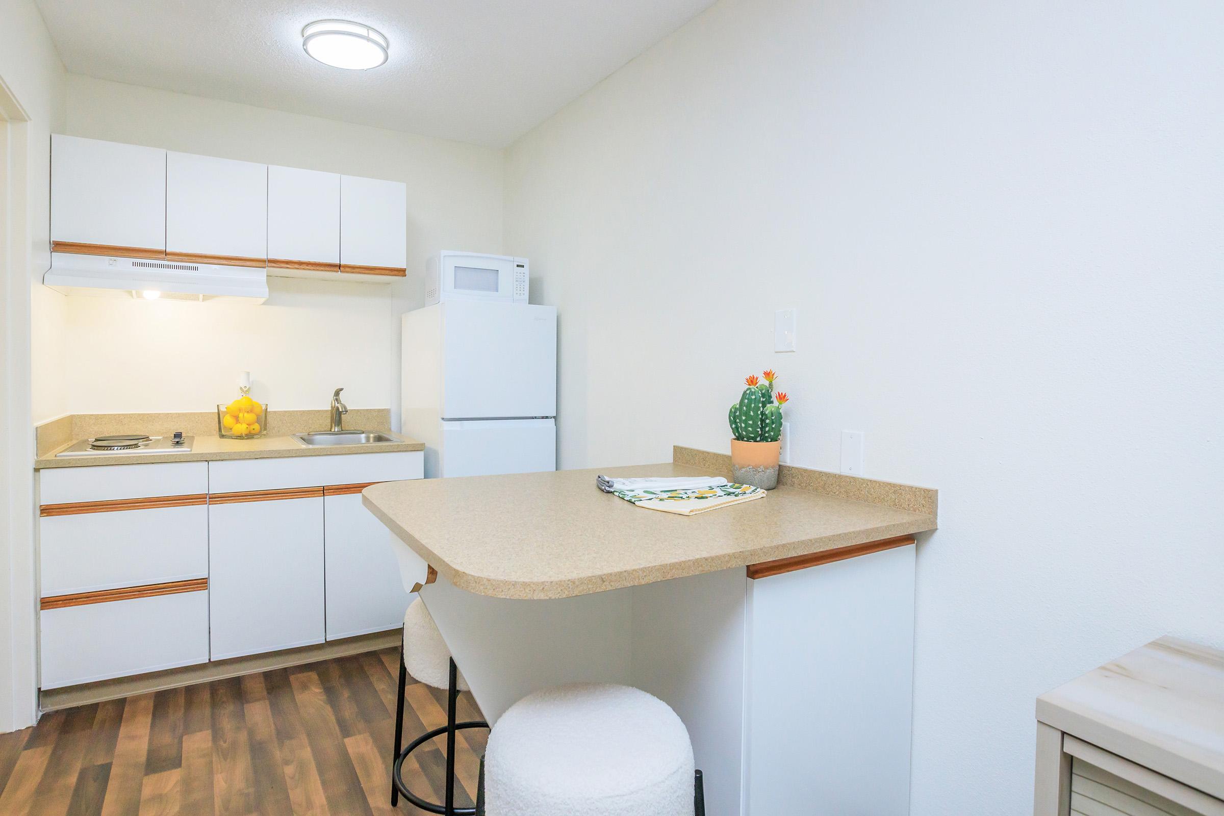A bright, modern kitchen with white cabinets and a countertop featuring a small decorative cactus. The kitchen includes a refrigerator, microwave, and sink, along with a small bowl of lemons on the counter. Light wood flooring adds warmth to the space.