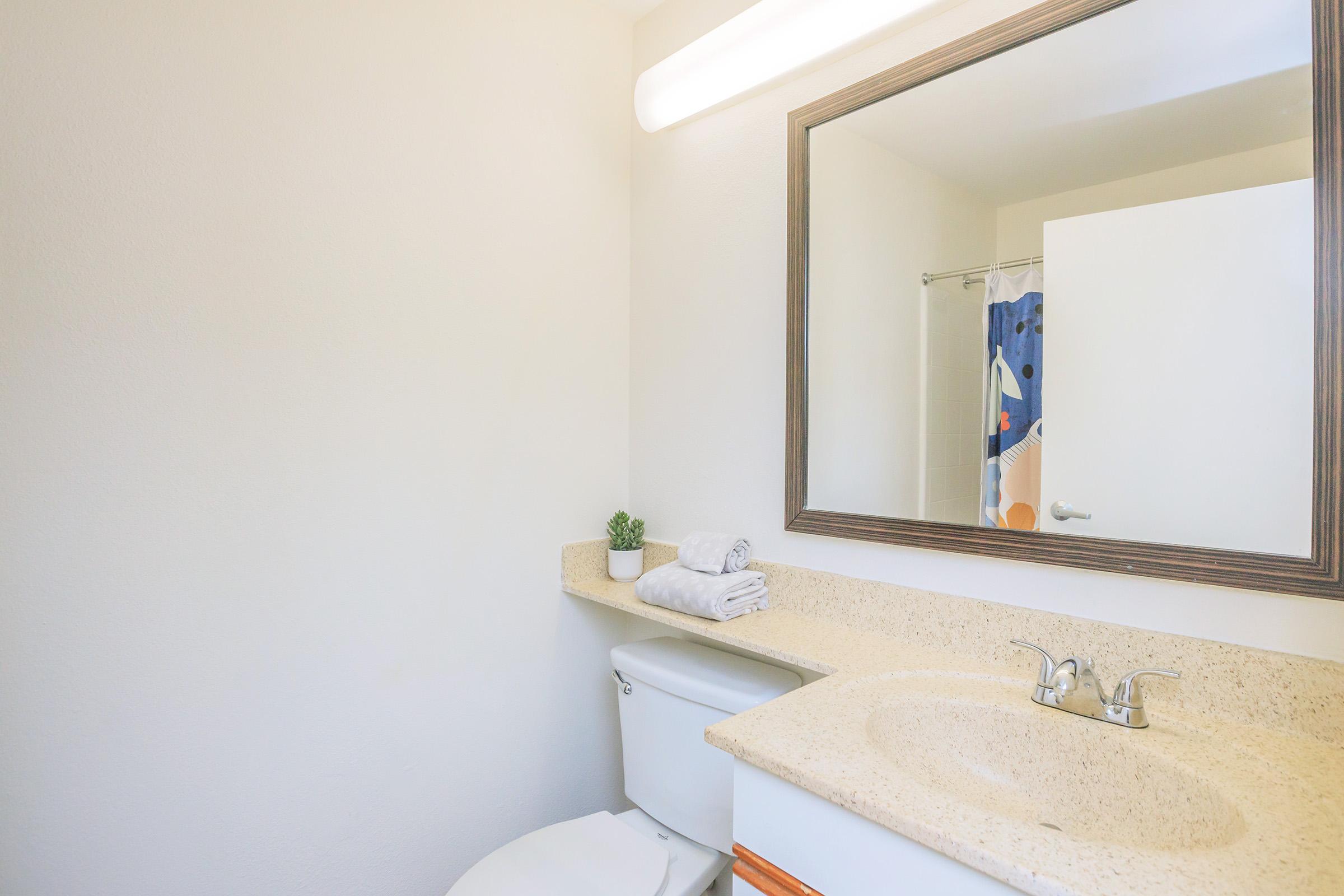A clean and modern bathroom featuring a light-colored wall, a countertop with a sink, a mirror, neatly stacked towels, a small potted plant, and a white toilet. A shower area with a colorful curtain is visible in the background, creating a bright and inviting atmosphere.