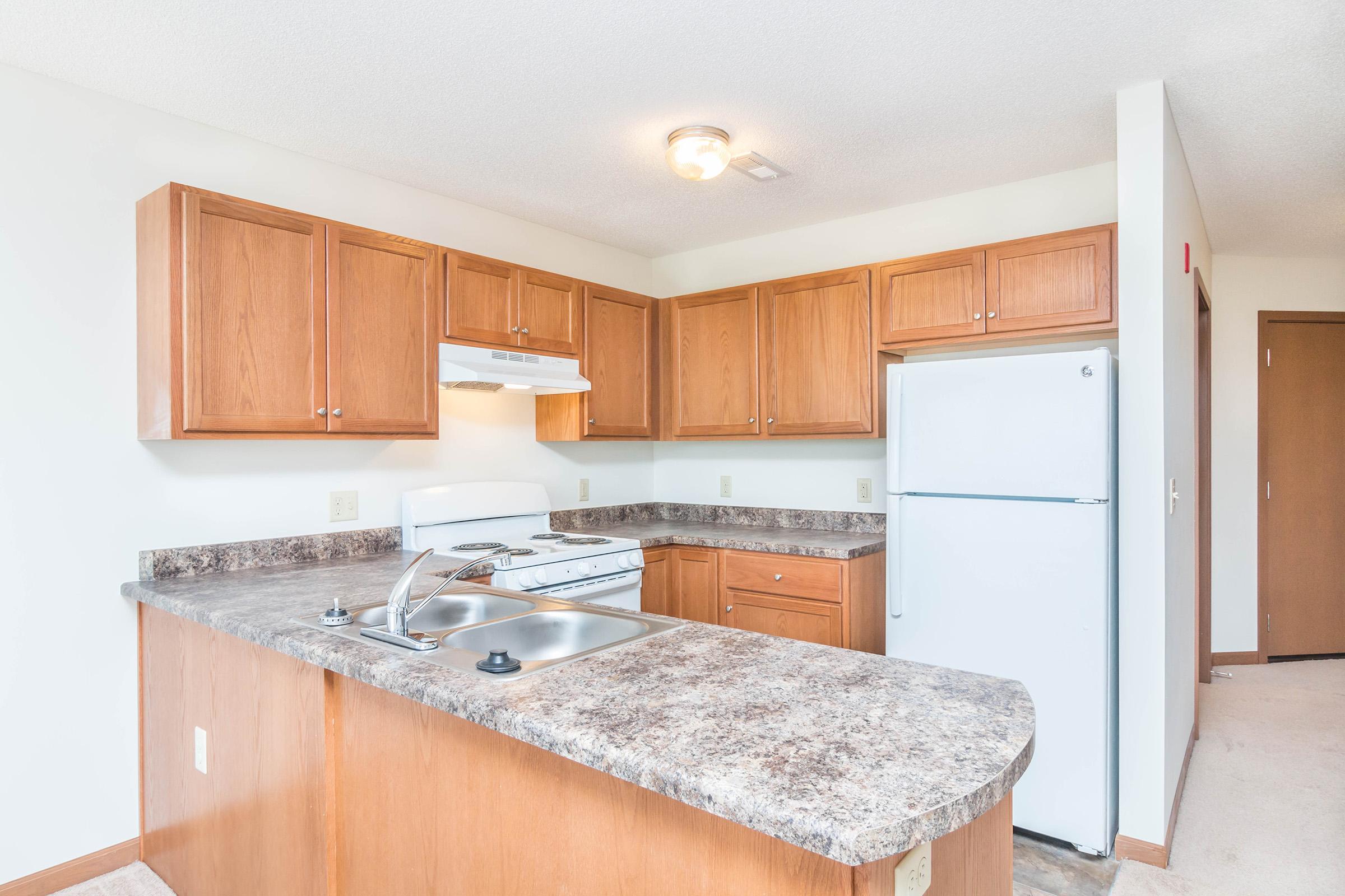 a kitchen with stainless steel appliances and wooden cabinets