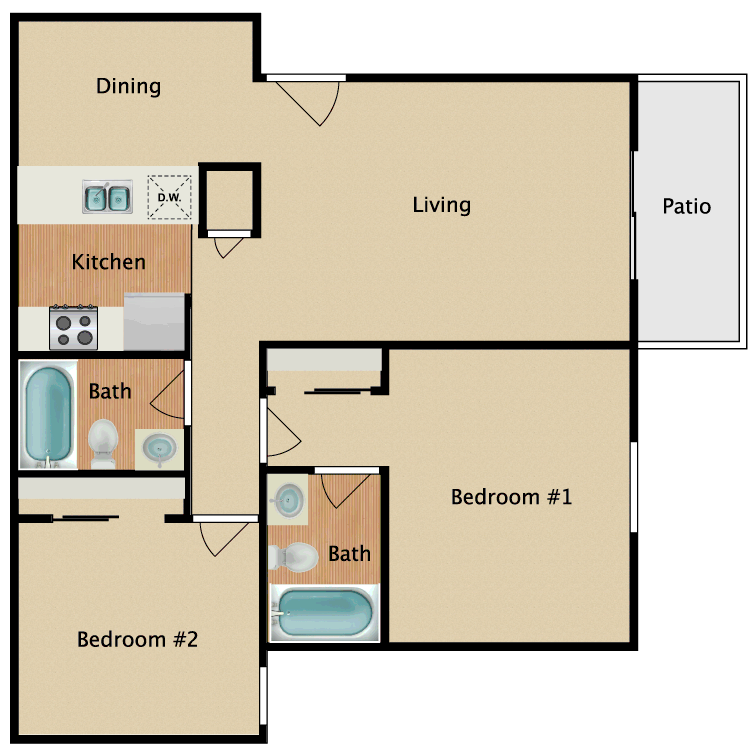 Plan A, a 2 bedroom 2 bathroom floor plan.