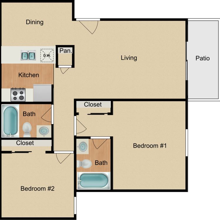 Plan A, a 2 bedroom 2 bathroom floor plan.