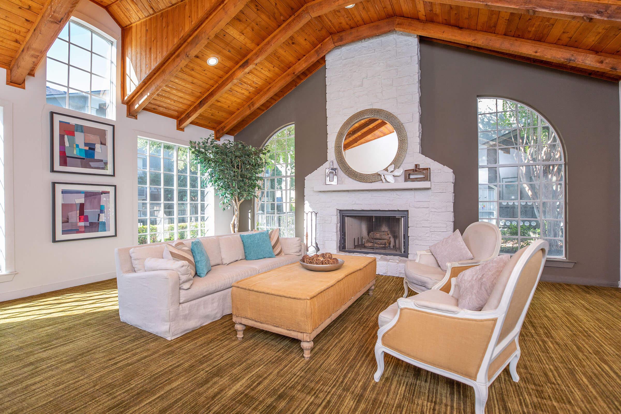 Stone Ridge community room with a fireplace