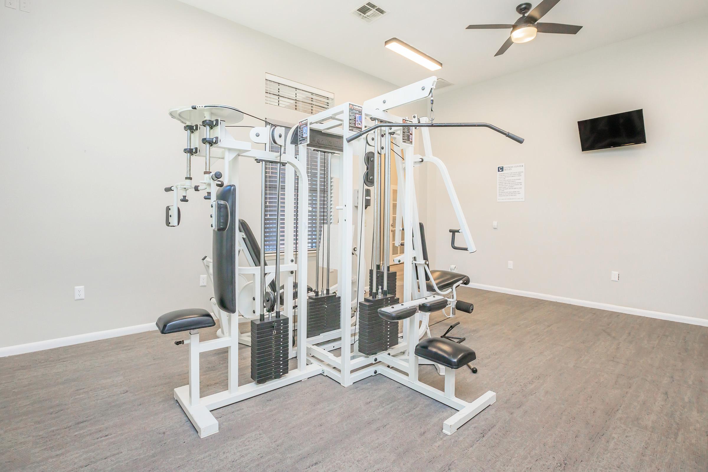 A clean and well-lit gym space featuring a multi-station weight machine with various attachments. The floor is covered with a light-colored material, and there is a ceiling fan and flat-screen TV mounted on the wall. Bright windows allow natural light to illuminate the area.