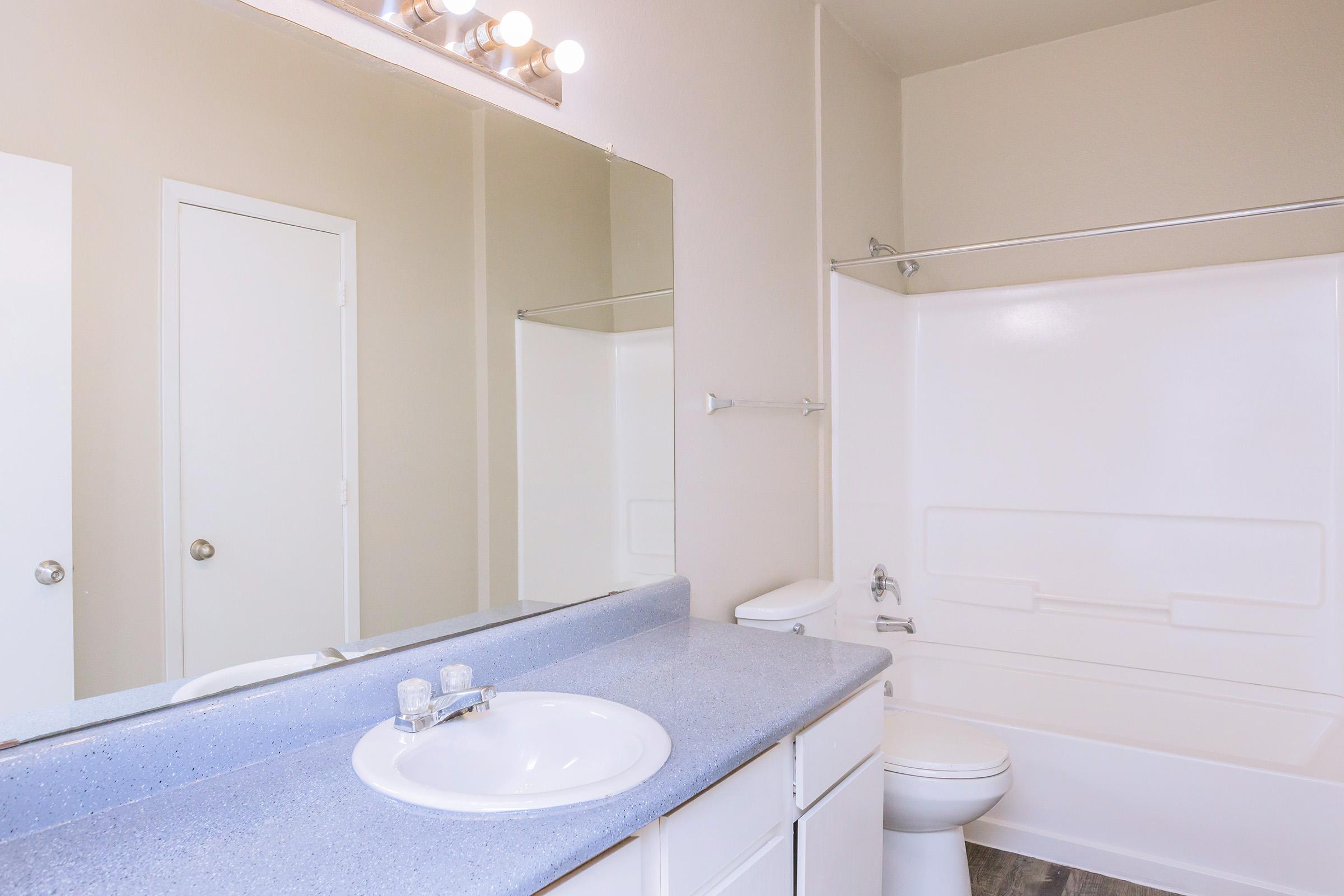 A clean and well-lit bathroom featuring a countertop with a sink, a large mirror above, a shower/tub combo, and a toilet. The walls are painted in neutral tones, and there is a door leading to another room. Modern fixtures and a tidy layout create a spacious feel.