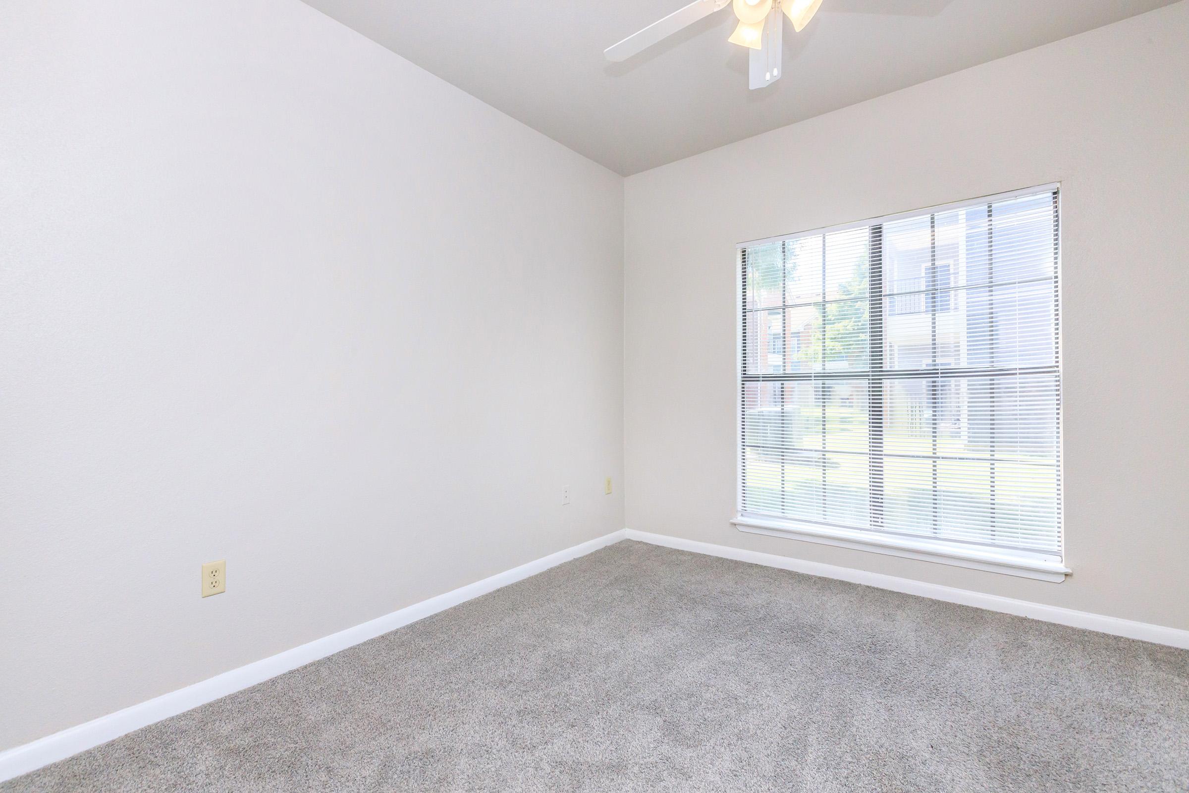 Empty room with light gray carpet, white-painted walls, and a ceiling fan. A large window allows natural light to enter, with a view of greenery outside. The room has no furniture, creating a spacious and blank canvas feel.