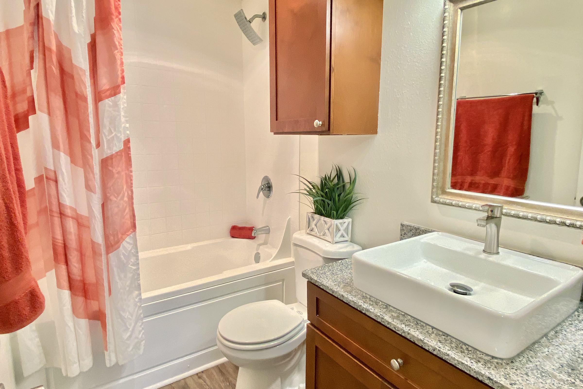 a shower that has a sink and a mirror