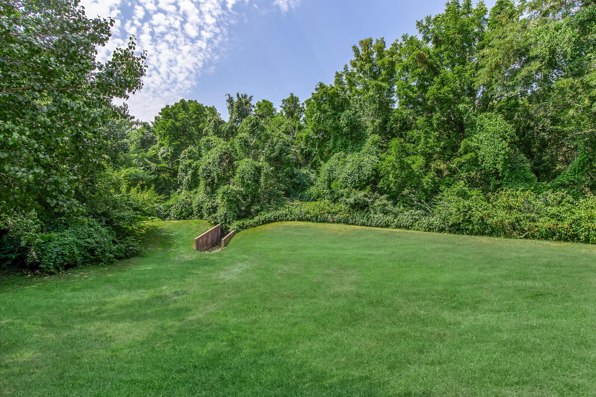 A lush green landscape featuring a spacious lawn bordered by dense trees and vegetation, under a clear blue sky with scattered clouds. A wooden structure is partially visible in the foreground, complementing the natural setting.