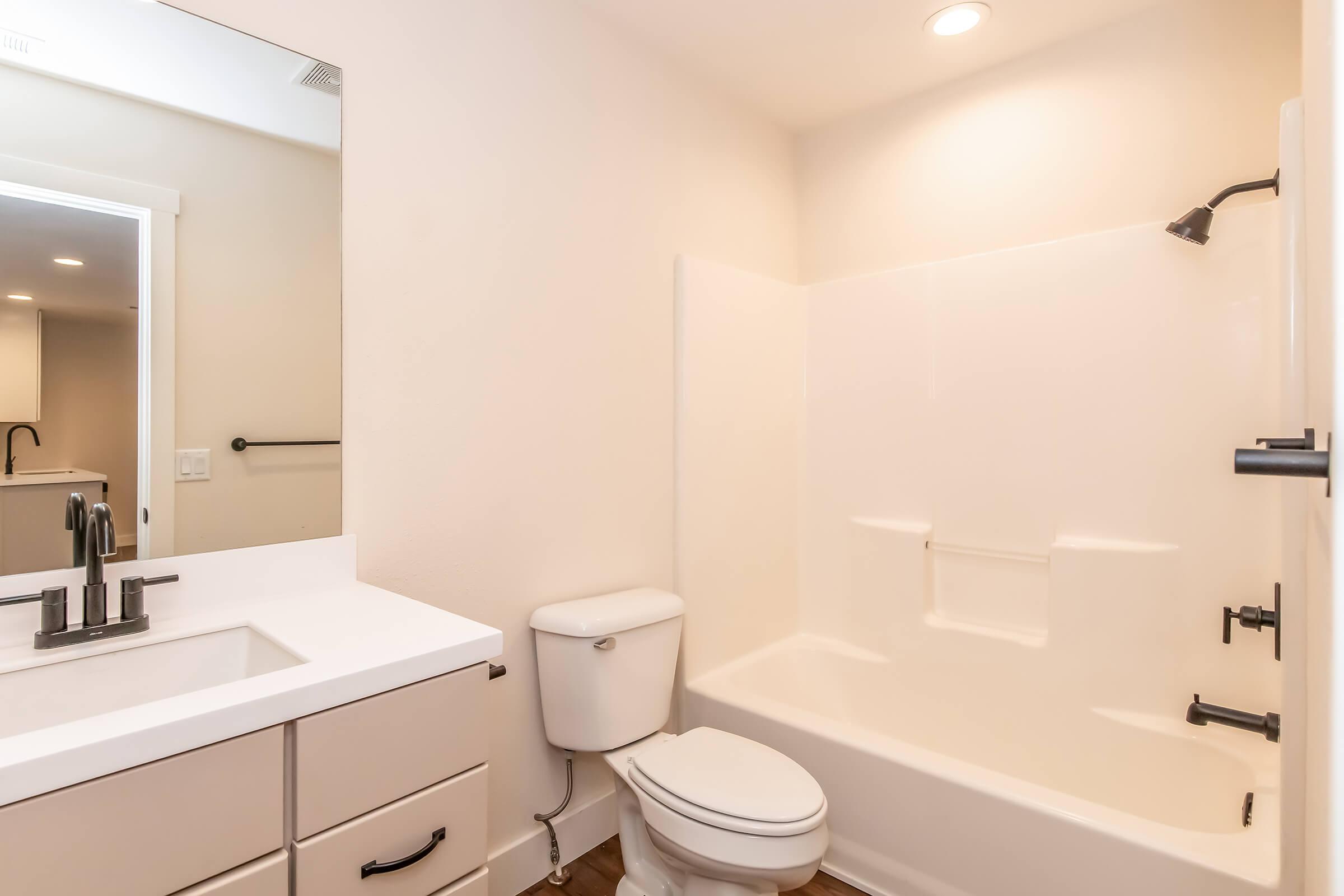 A modern bathroom featuring a bathtub with a showerhead, a white vanity with a sink and dark faucet, a toilet, and a large mirror above the sink. The walls are light-colored, creating a clean and spacious appearance.