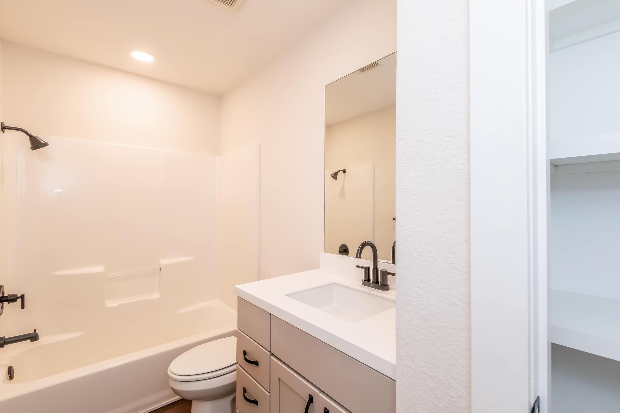 A clean, modern bathroom featuring a bathtub with a shower, a white sink with a sleek faucet, and a large mirror. The walls are light-colored, and the cabinetry is dark with several drawers. A small storage space is visible in the corner, adding to the room's functionality and aesthetic appeal.