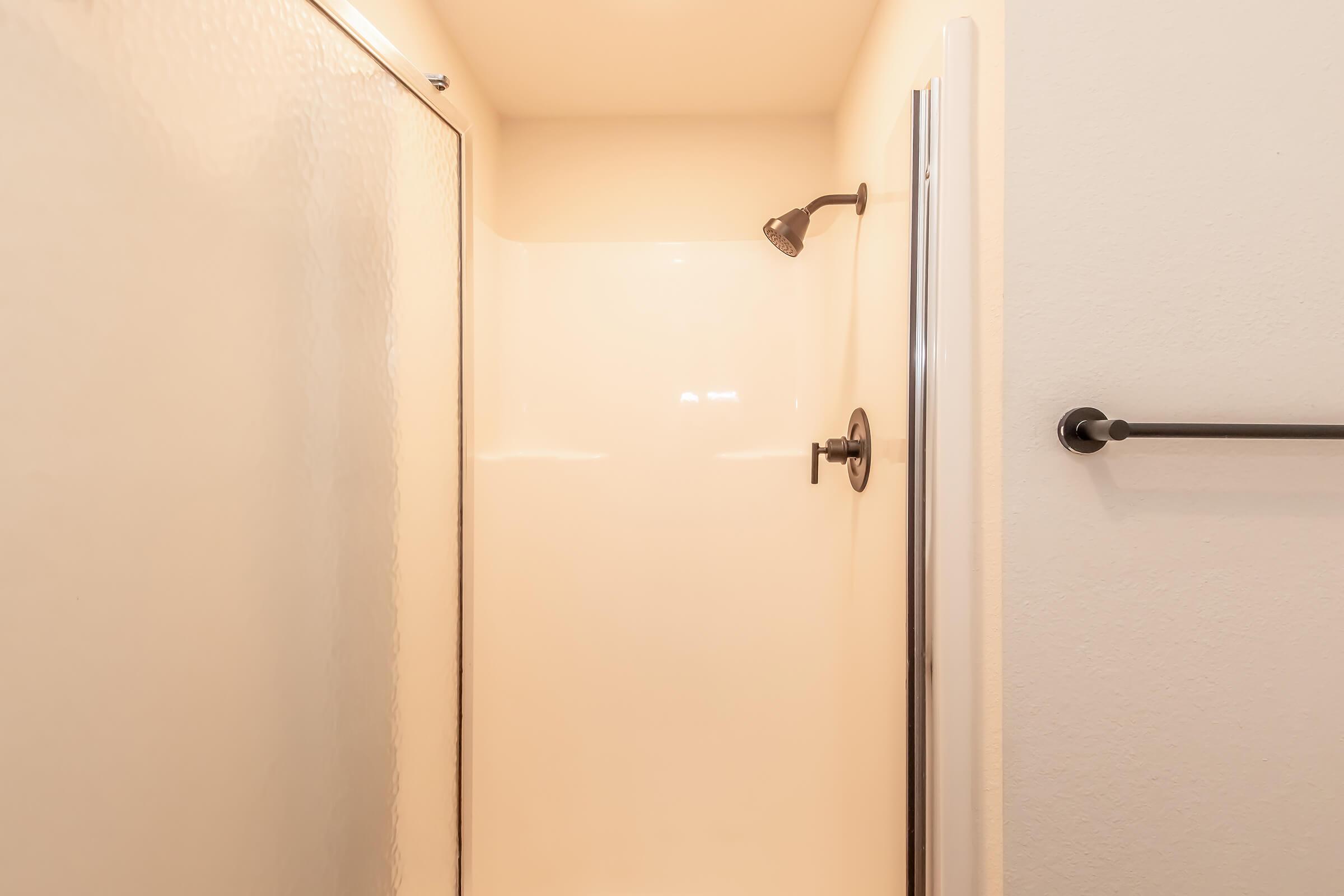 A clean, empty shower space featuring a clear glass door, a wall-mounted showerhead, and a towel bar. The walls are smooth and light-colored, creating a bright and airy atmosphere.