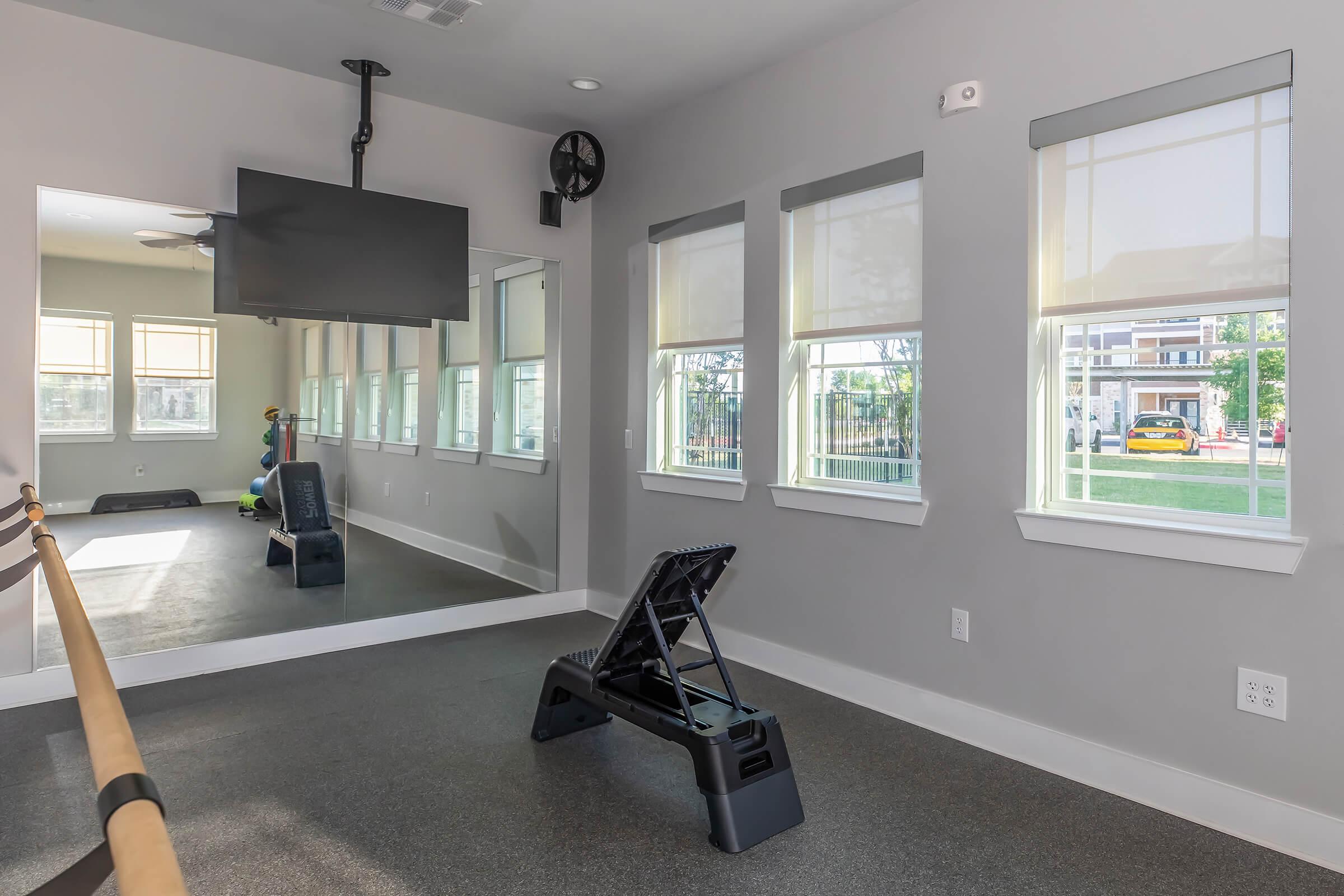 A fitness room featuring a mirror, a wall-mounted TV, and large windows allowing natural light. The floor is carpeted, and there's a workout bench positioned in front of the mirror, with a bar for stability visible along one wall. The decor is minimalistic and modern, with a view of outdoor greenery through the windows.