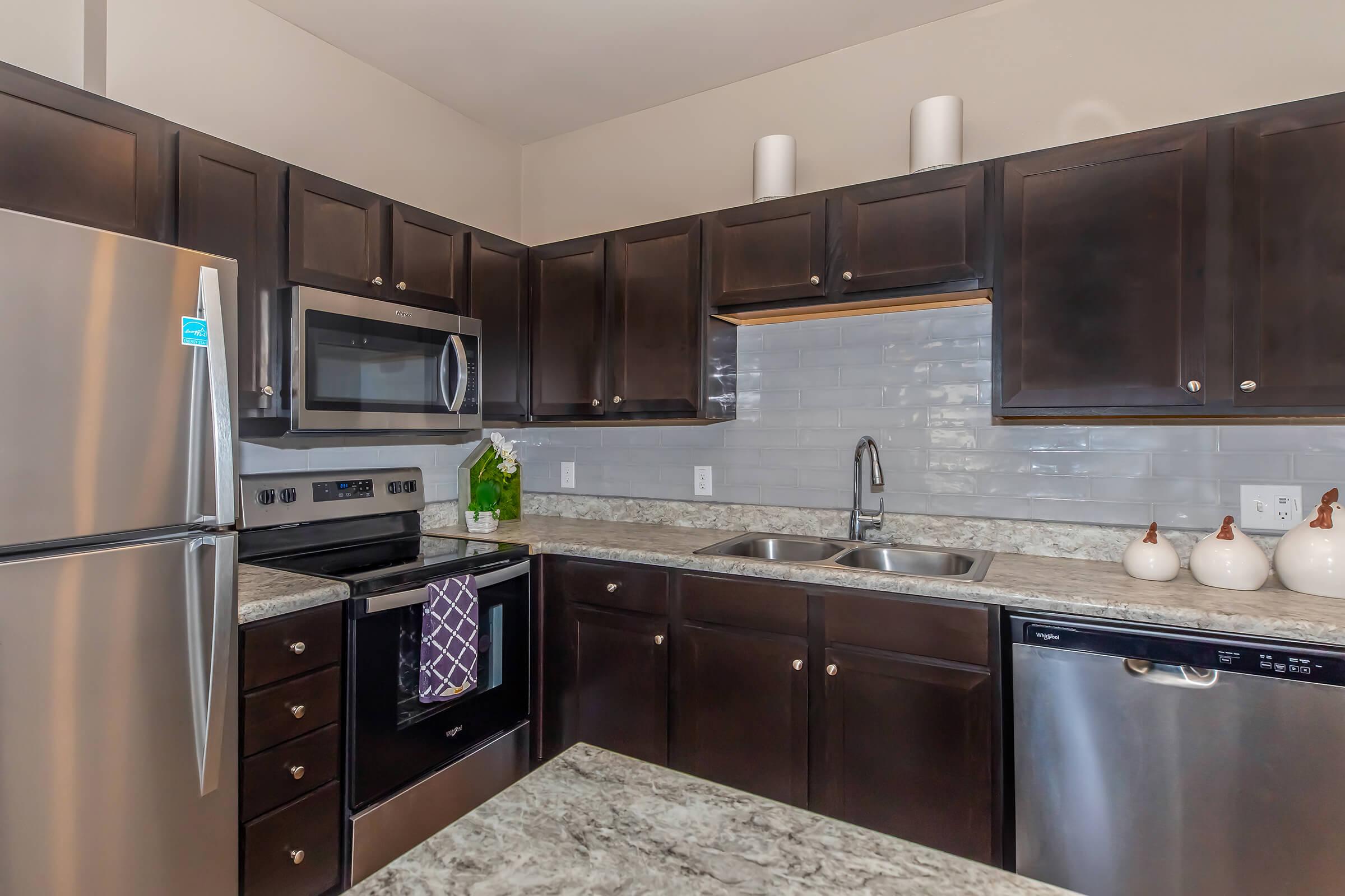 Modern kitchen featuring dark wood cabinets, stainless steel appliances, and a granite countertop. It includes a refrigerator, oven, microwave, and dishwasher. A gray tile backsplash complements the design, while a plant and decorative items are placed on the counter.