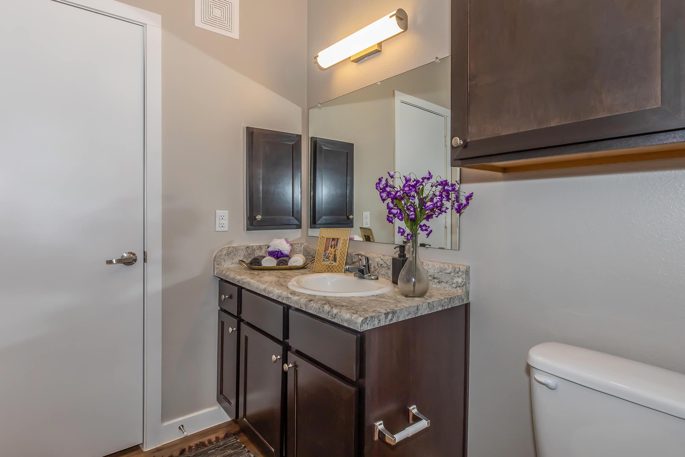A small bathroom featuring dark wooden cabinets, a granite countertop with a sink, and a mirror above. A vase with purple flowers is displayed, along with toiletries on a tray. A door leads to another area, and there is a white toilet in the corner. The walls are painted in a neutral color.