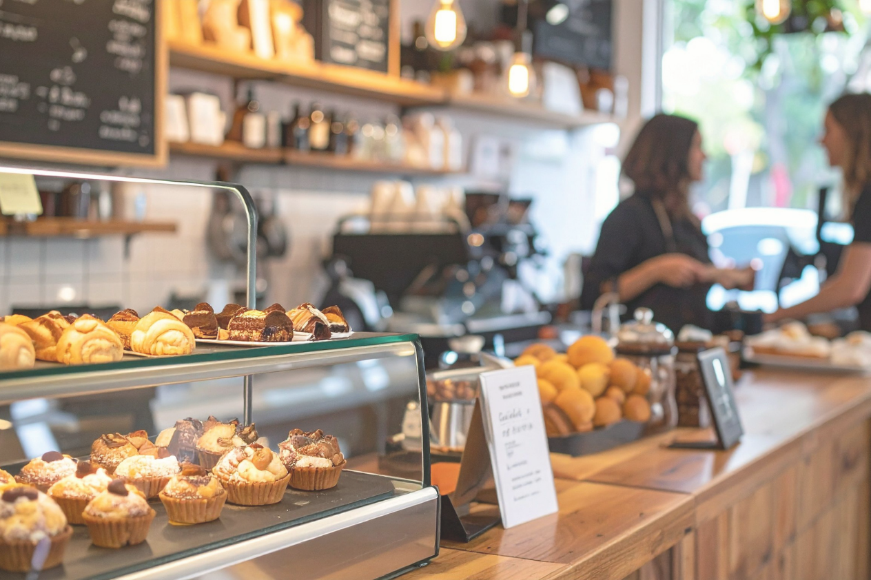 A cozy café interior featuring a display case filled with an assortment of beautifully arranged pastries, including cupcakes and tarts. In the background, two baristas are preparing drinks, with warm lighting and wooden accents creating a welcoming atmosphere.
