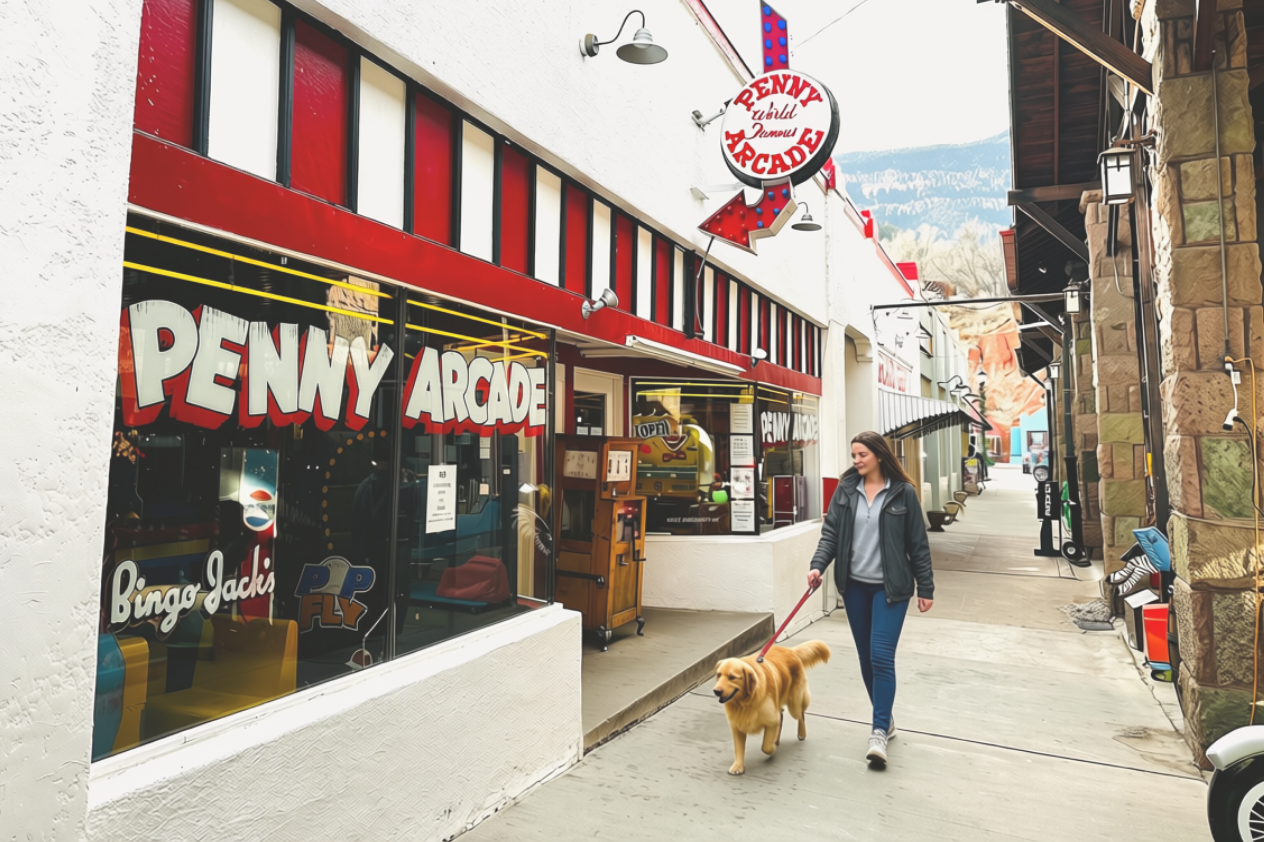 A woman walks a golden retriever in front of the Penny Arcade. The arcade features vintage-style signage and colorful displays. The street is lined with buildings showcasing a mix of architectural styles, creating a cheerful atmosphere in a scenic town setting.