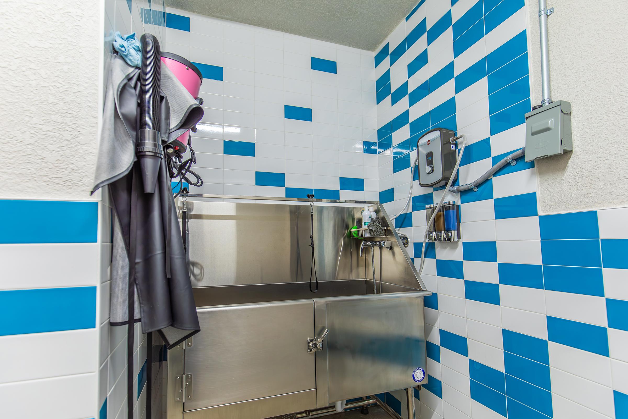 A modern grooming station featuring a stainless steel wash basin, equipped with various tools for pet grooming. The walls are adorned with blue and white tiles, creating a clean and vibrant atmosphere. A hose and grooming equipment hang nearby, indicating the space is designed for washing pets.
