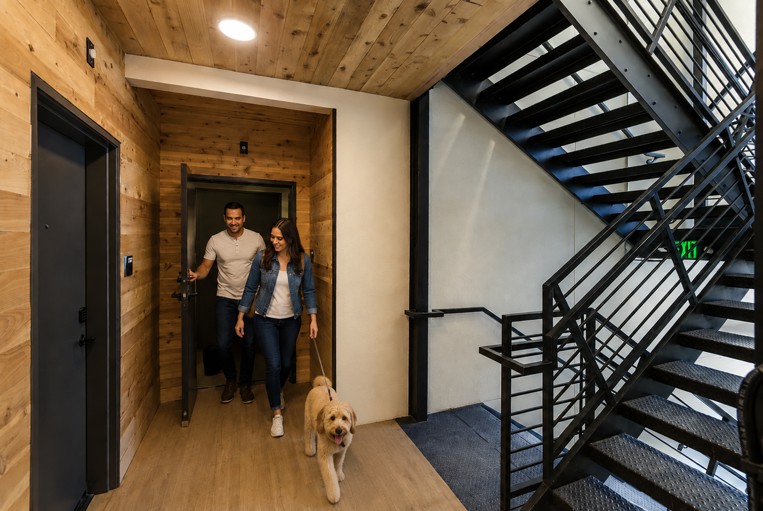 A man and a woman walking together in a wooden-paneled hallway, accompanied by a light-colored dog. The woman is wearing a denim jacket, while the man is in a casual shirt. A staircase is visible in the background, alongside a dark-colored door. Soft lighting enhances the warm, inviting atmosphere.