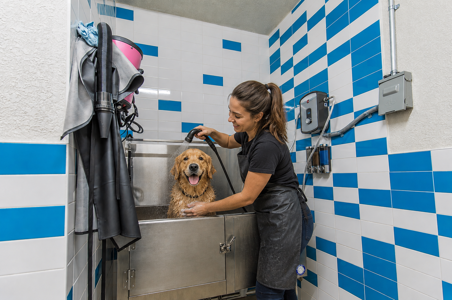 A woman gently bathes a golden retriever in a professional grooming station with blue and white tiled walls. The dog appears happy and wet, and the groomer is wearing an apron, focused on cleaning the dog. Various grooming tools are visible in the background.
