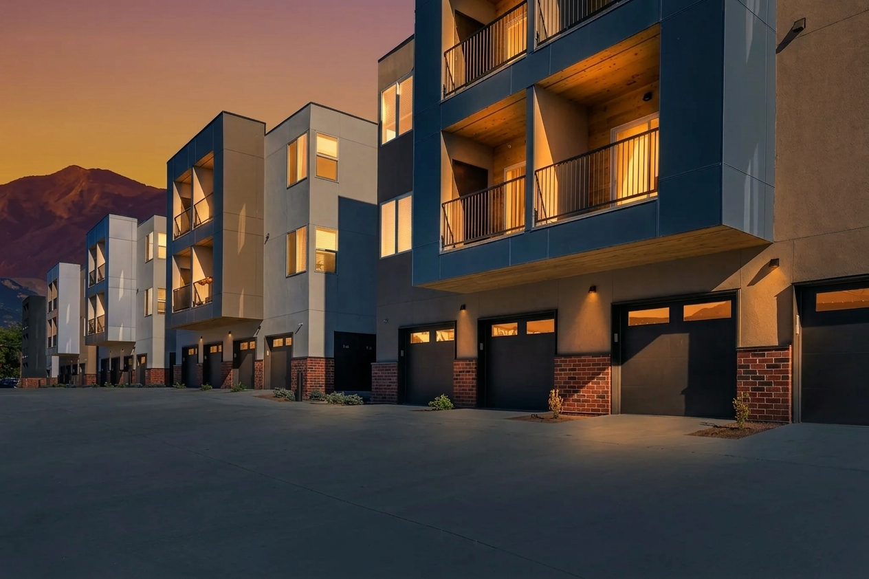 A row of modern two-story townhouses with illuminated balconies and garages. The buildings feature a mix of concrete and brick exteriors, set against a twilight sky with mountains in the background. The scene conveys a serene urban atmosphere.