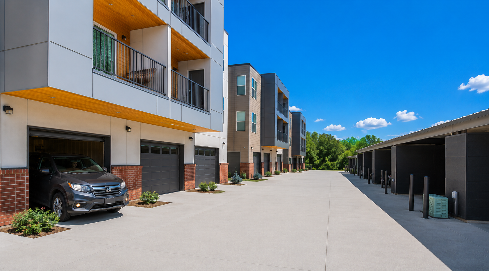 A modern apartment complex featuring a clear blue sky. The image shows a wide driveway with parked cars in garages, surrounded by greenery and landscaped areas. The buildings display a mix of architectural styles, characterized by balconies and varied textures. This scene conveys a vibrant, welcoming residential environment.