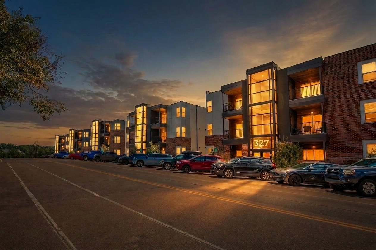 A modern apartment complex at dusk, featuring several multi-story buildings with illuminated windows. The foreground shows a parking area filled with cars, and a tree is visible on the left. The sky is painted with warm hues of sunset, adding a tranquil ambiance to the scene.