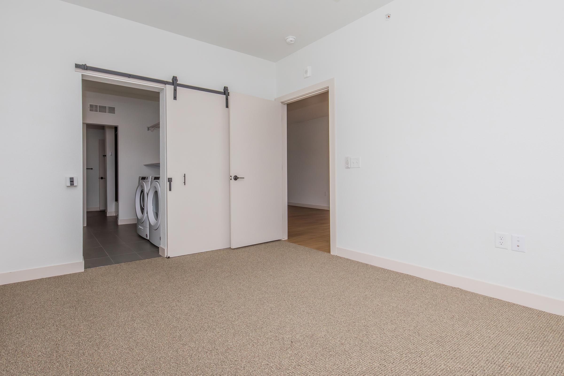 An empty room with beige carpet, featuring a sliding barn door leading to a laundry area on the left and an open doorway to another room on the right. The walls are painted white, and there is ample natural light. The space is uncluttered and modern, suitable for various uses.