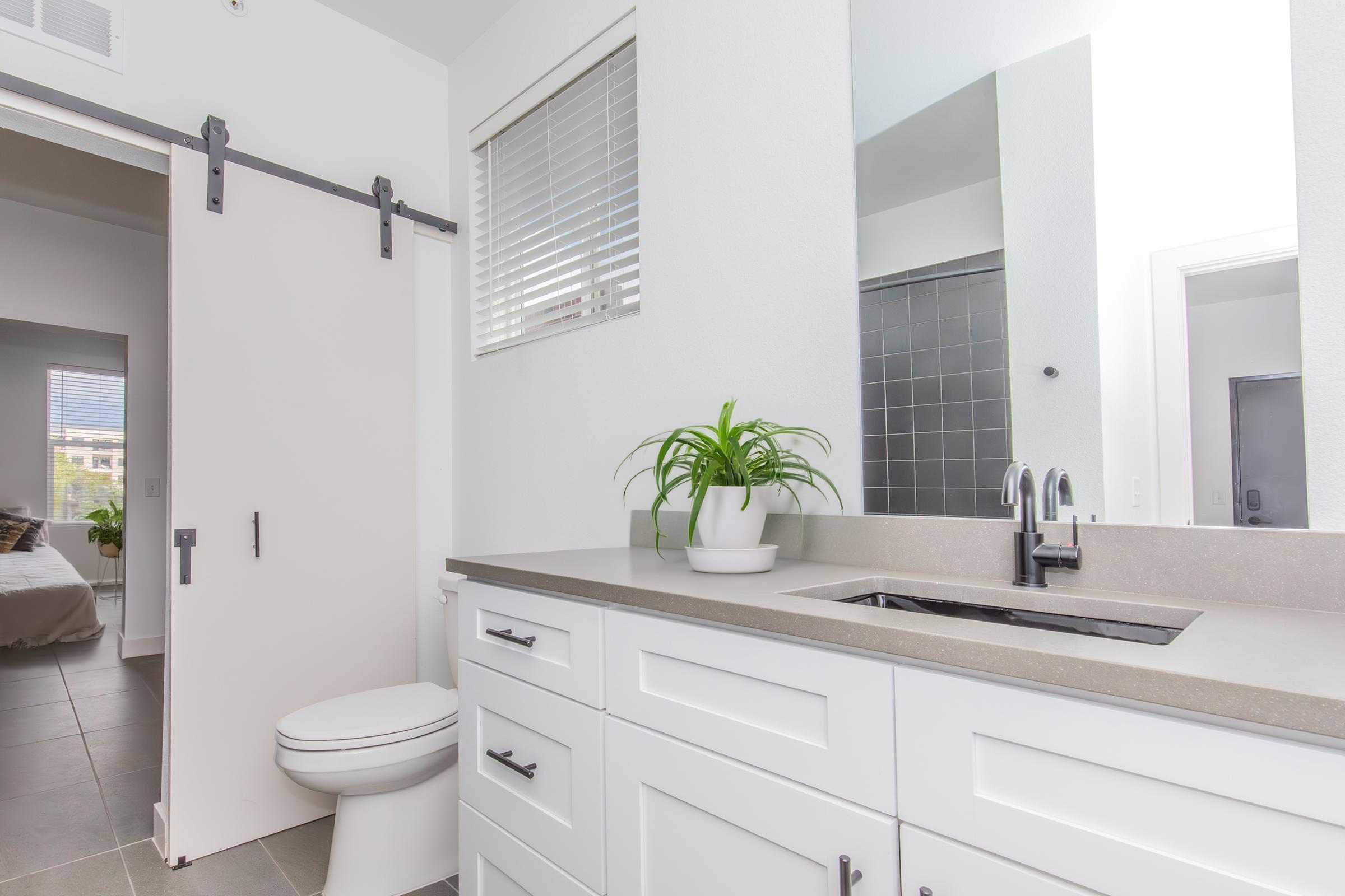 A modern bathroom featuring a clean design with a white vanity, a rectangular sink, and a large mirror. A sliding barn door leads to a bedroom. Natural light comes through a window, and a small potted plant adds a touch of greenery. Grey tile flooring completes the contemporary look.