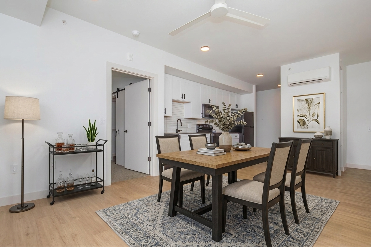 A modern dining area featuring a wooden table with four chairs, a decorative centerpiece, and a light rug. There is a floor lamp beside a plant, and a sideboard displaying decor. The space has white walls, recessed lighting, and a doorway leading to another room. A kitchen area is visible in the background.