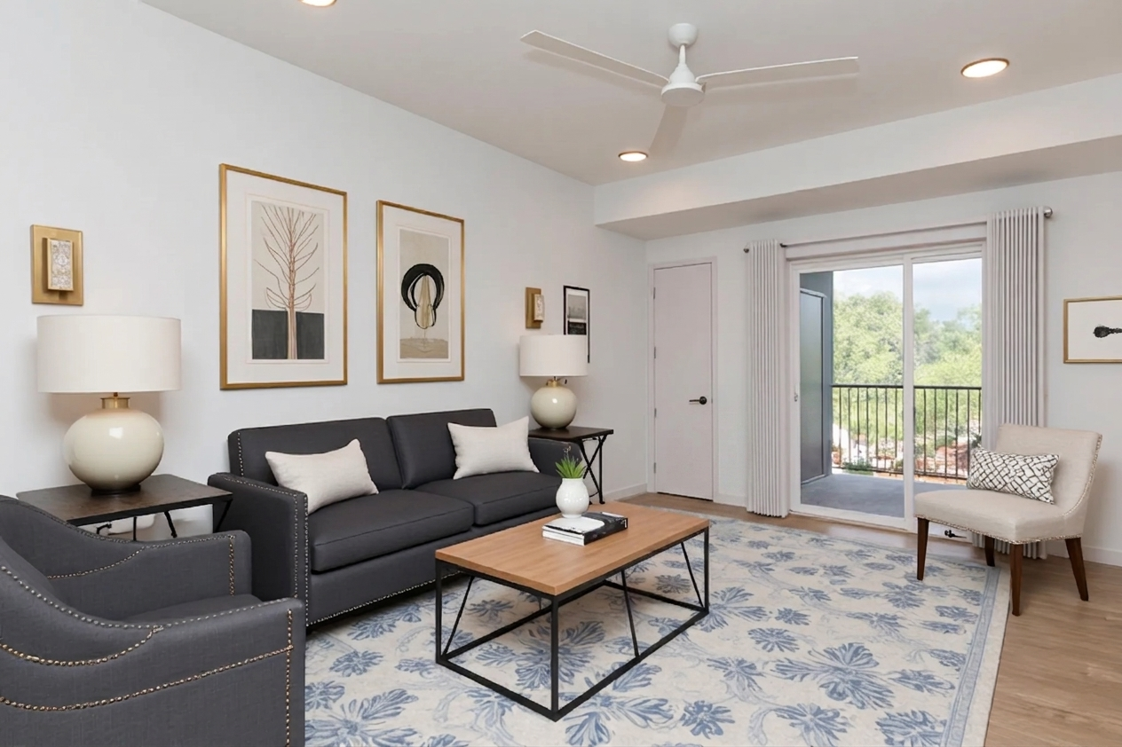 A modern living room featuring a gray sofa with decorative pillows, a coffee table with books, and two lamps on either side. The walls are adorned with framed art prints. A sliding glass door provides access to a balcony, allowing natural light to fill the space, complemented by a stylish armchair and decorative rug.