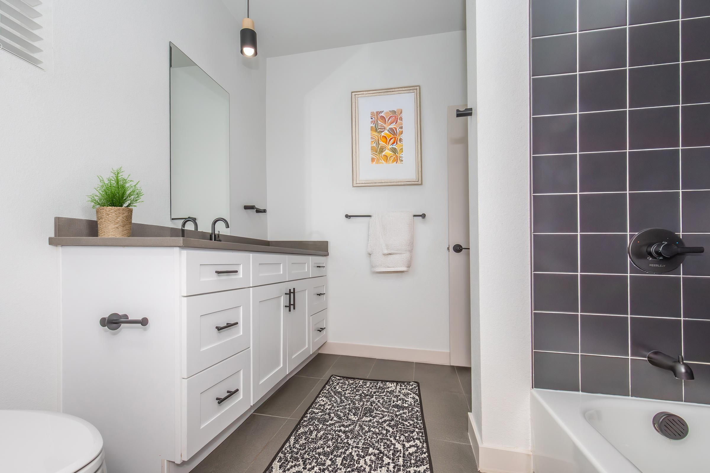 A modern bathroom featuring a white vanity with multiple drawers and a large mirror, set against a light-colored wall. There is a stylish black tiled shower and a white bathtub. A lush green plant sits on the counter, and a framed artwork adds a touch of color to the space. A soft rug lies on the floor.
