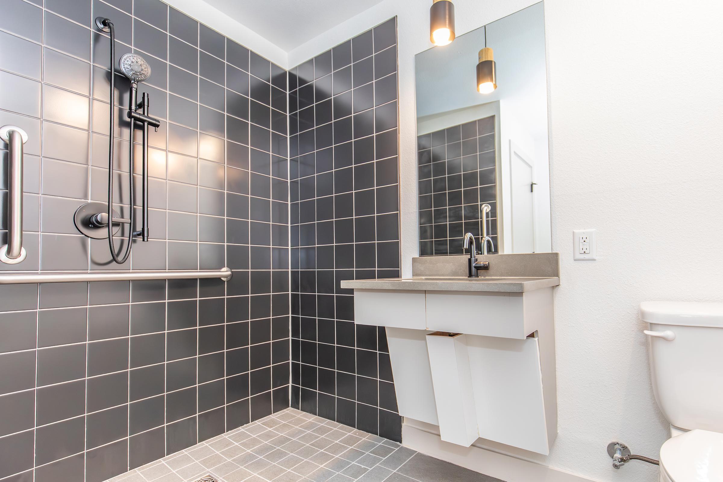 A modern bathroom showcasing a walk-in shower with dark tiled walls, a sleek mirror, and a minimalist sink with cabinet storage. The space features a toilet and safety grab bars, creating a stylish yet functional environment. Warm lighting from pendant fixtures enhances the contemporary design.
