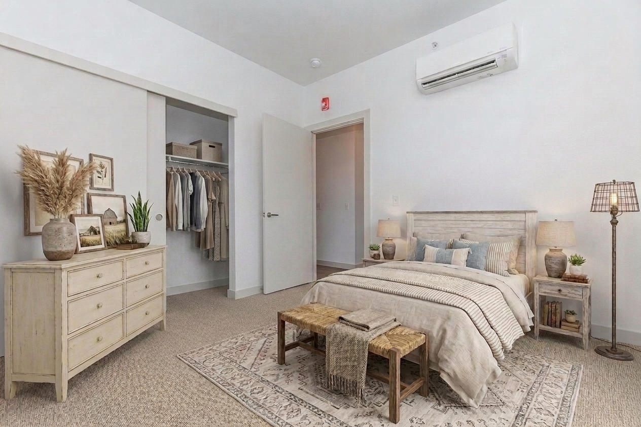 A modern bedroom featuring a light-colored wooden bed with decorative pillows, flanked by two bedside lamps. A woven rug lies on the floor. Nearby is a wooden dresser with decorative items, and a closet with hanging clothes is partially visible. The walls are kept in soft, neutral tones, creating a serene atmosphere.