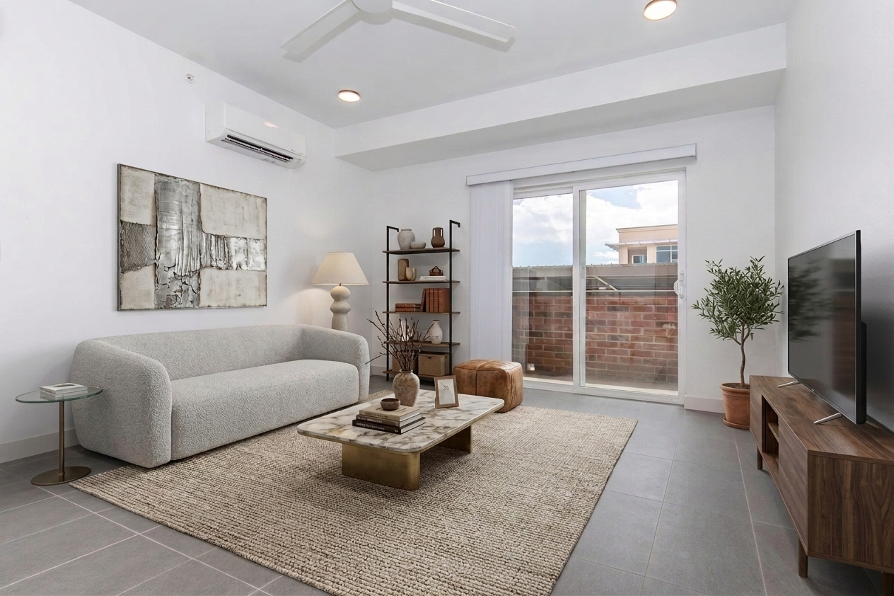 A modern living room featuring a light gray curved sofa, a marble coffee table, and a floor lamp. There's a decorative bookshelf with various items, a potted plant, and a flat-screen TV. Large windows allow natural light to fill the space, which has neutral-toned walls and a textured area rug on the floor.