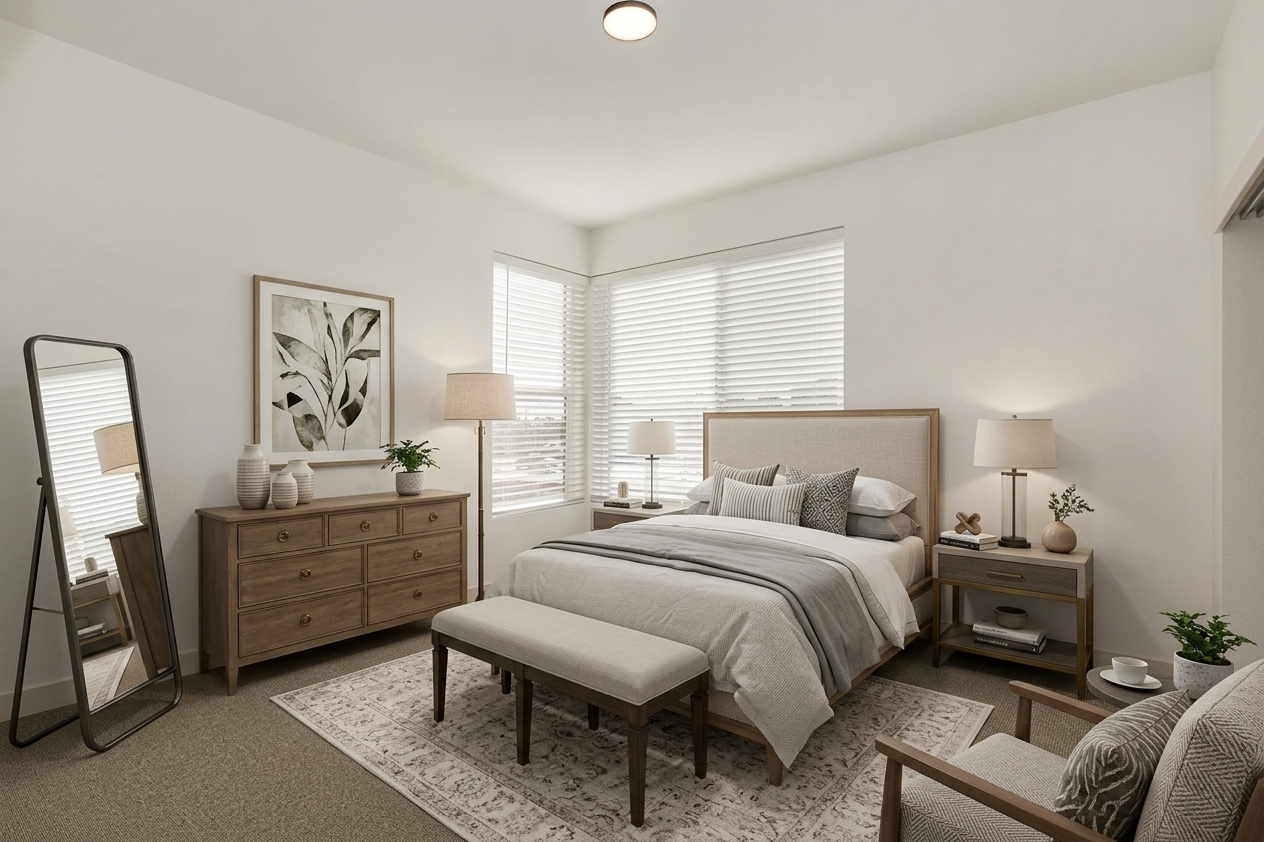 A cozy bedroom featuring a queen-sized bed with decorative pillows, a stylish bench at the foot, a wooden dresser, and a mirror. The room has a soft color palette, two lamps, and plants for decoration. Natural light streams in through large windows adorned with blinds, creating a bright and inviting atmosphere.