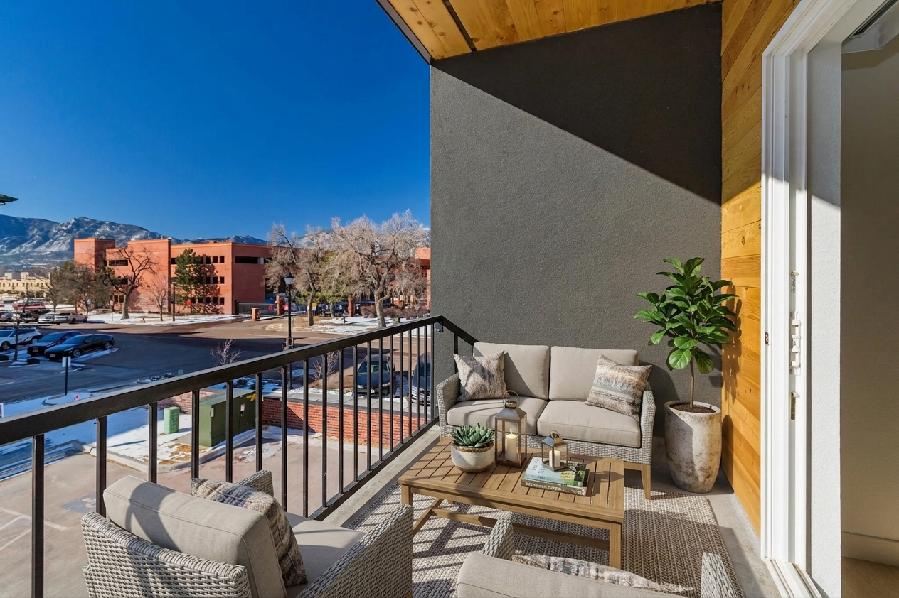 A cozy balcony with modern outdoor furniture, including a sofa and coffee table, overlooking a scenic view. Potted plants add a touch of greenery, and the blue sky contrasts with the surrounding buildings. Ideal for relaxation or enjoying a morning coffee.