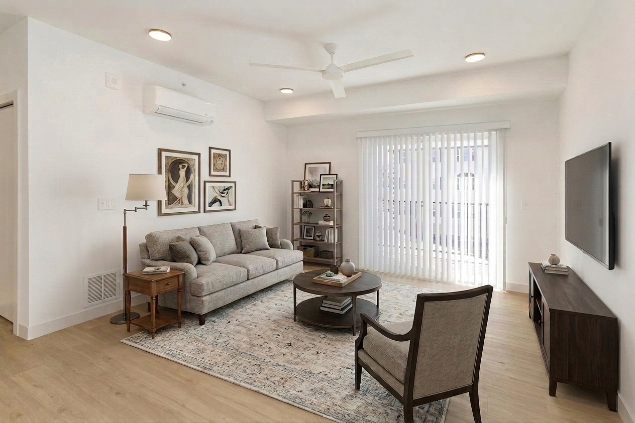 A modern living room featuring a light gray sofa, an armchair, and a round coffee table on a decorative rug. The space includes framed artwork on the walls, a bookshelf, and a television mounted on the wall. Large sliding glass doors with vertical blinds provide natural light. The floor is wood, and the walls are painted white.