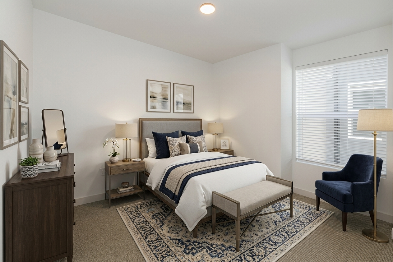A modern bedroom featuring a comfortable bed with decorative pillows and a throw blanket. There are two bedside lamps, a small bench at the foot of the bed, a stylish armchair, and a dresser. The room has soft lighting and a large window with blinds, creating a cozy and inviting atmosphere.