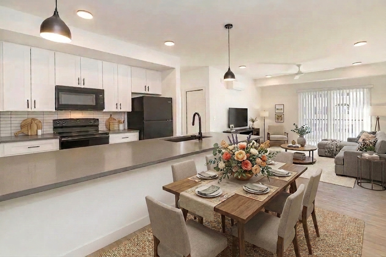 Modern open-concept kitchen and dining area featuring a wooden dining table with flowers and place settings, a stylish countertop, and black appliances. The living area includes a comfortable sofa and natural light from a nearby window, creating a bright and inviting atmosphere.