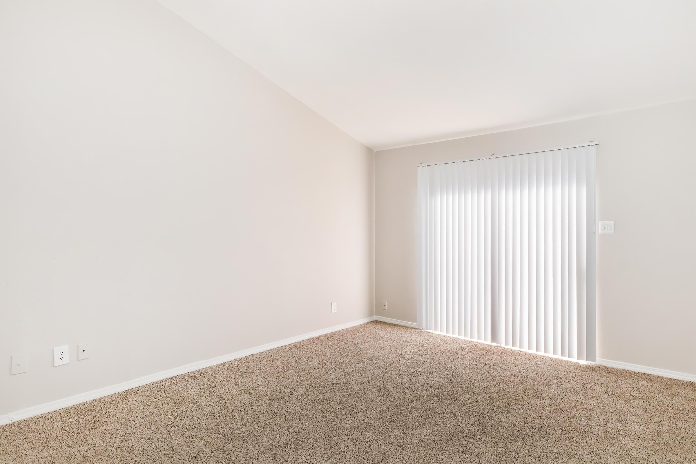 A spacious, empty room with beige carpet and light gray walls. Large sliding glass doors with vertical blinds let in natural light, leading to a bright outside area. The room has a high ceiling, creating an open and airy atmosphere. No furniture or decorations are present.
