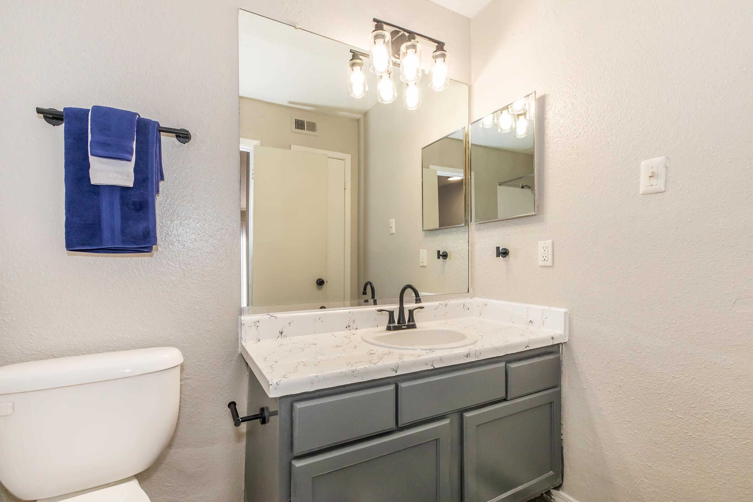 A modern bathroom featuring a gray vanity with a marble countertop and a sink, framed by a large mirror. Above the mirror are four light bulbs. A white toilet is visible on the left, and a blue towel hangs on a black rack on the wall. The walls are painted in a light gray color.
