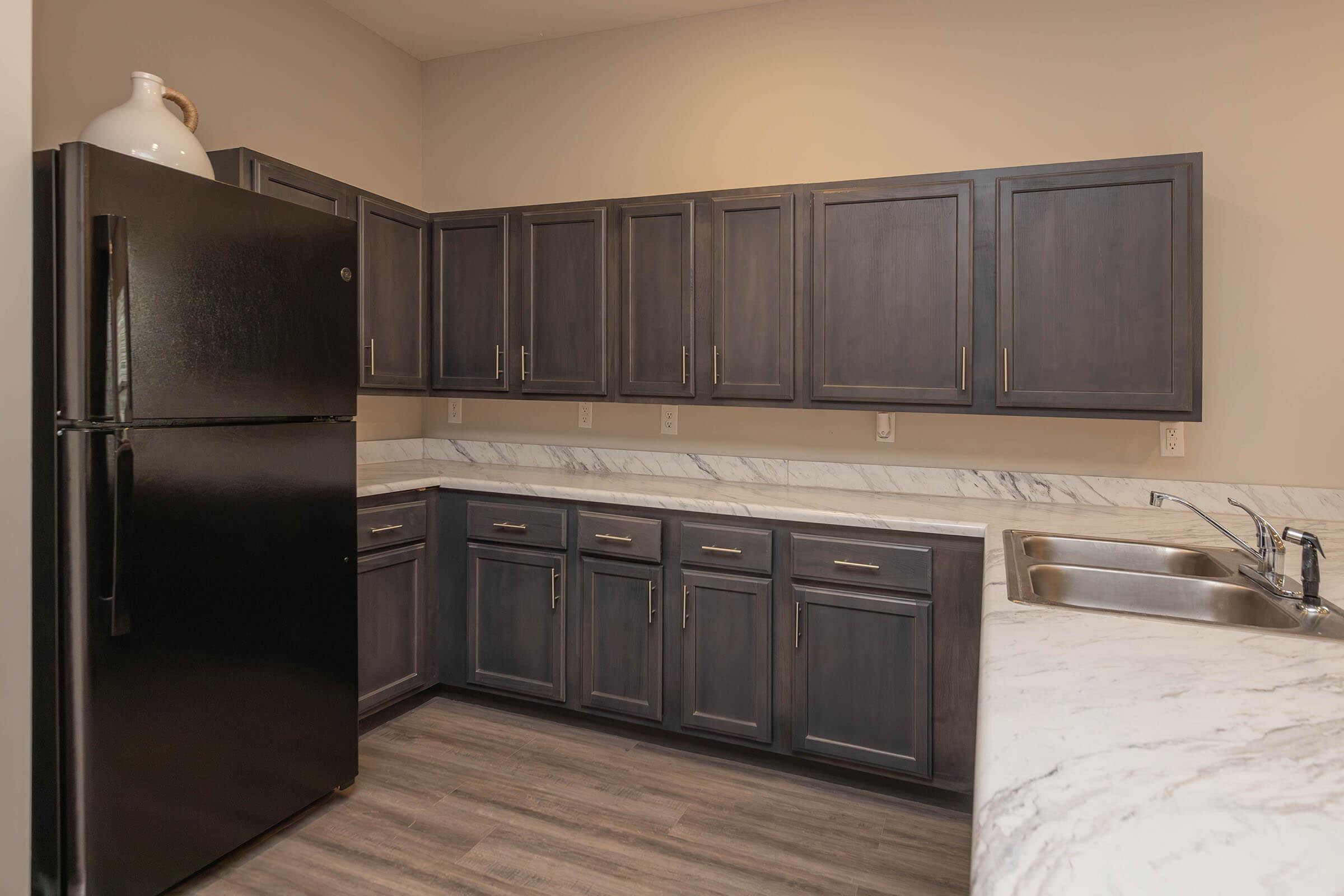 A modern kitchen featuring dark cabinetry, a black refrigerator, and a marble countertop. The sink is positioned next to the countertop, with a stylish faucet. The flooring is designed with a wood-like appearance, creating a warm and inviting atmosphere.