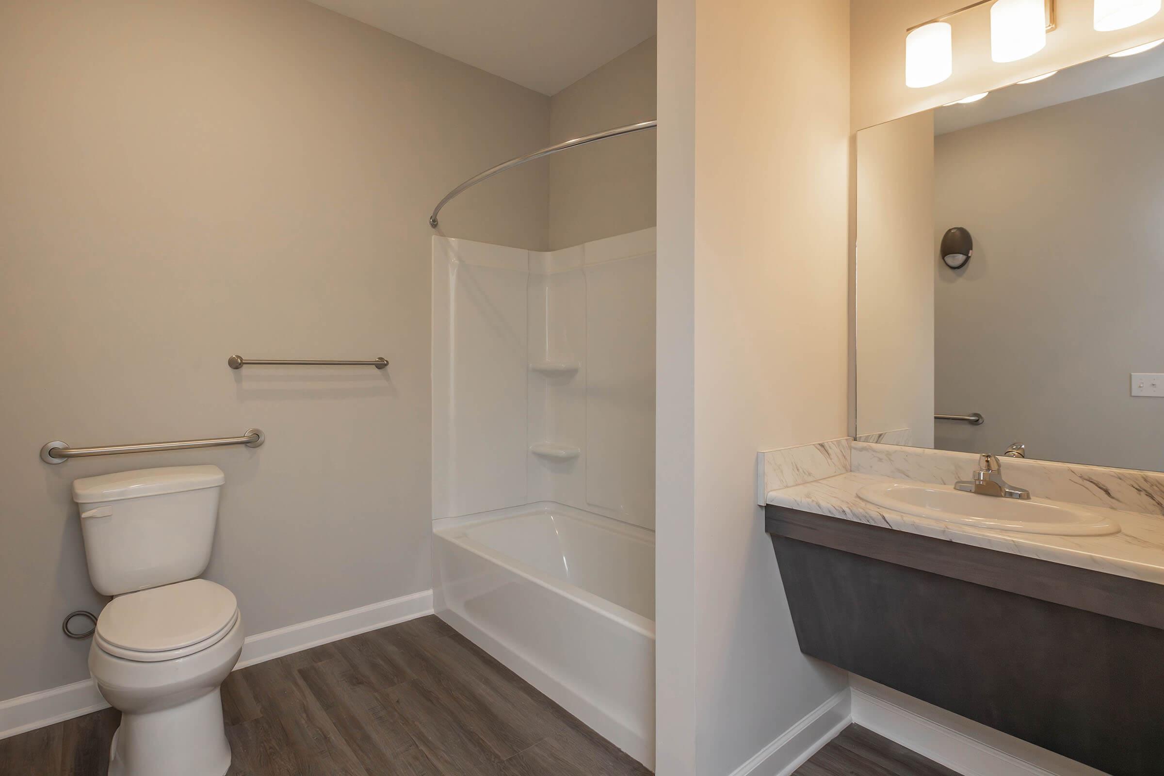 A clean and modern bathroom featuring a white toilet, a bathtub with a shower curtain, and a vanity with a sink. The walls are painted in a neutral gray color, and there is a mirror above the sink. The flooring is a wood-like laminate, enhancing the contemporary look.