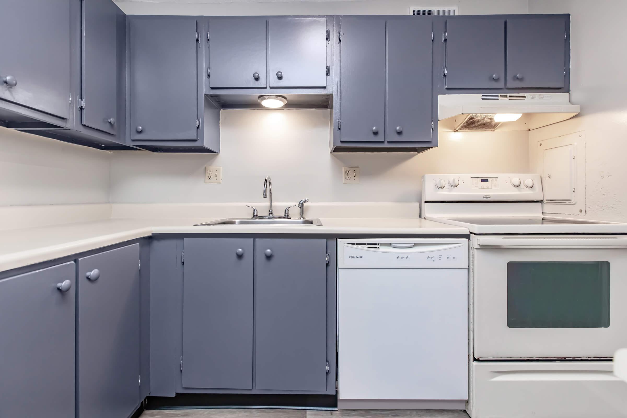 A modern kitchen featuring gray cabinets, a white countertop, a double sink, a dishwasher, and an oven. The kitchen has a clean and organized layout with overhead lighting and a neutral wall color.