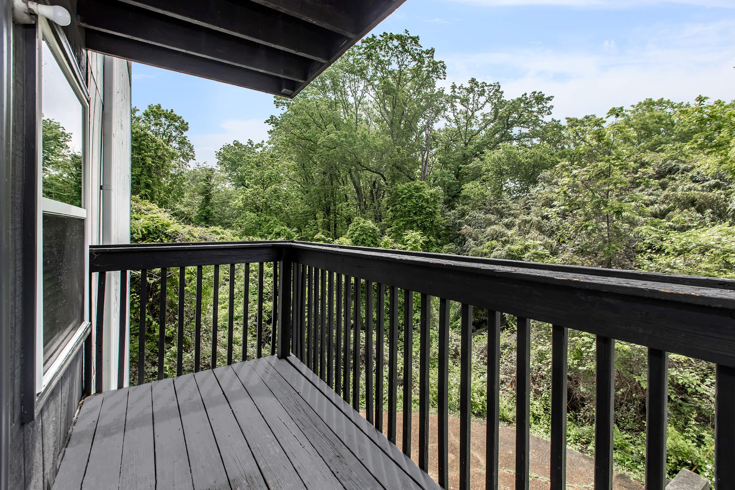 A wooden balcony with black railings, overlooking a lush green landscape filled with trees and dense foliage under a blue sky.