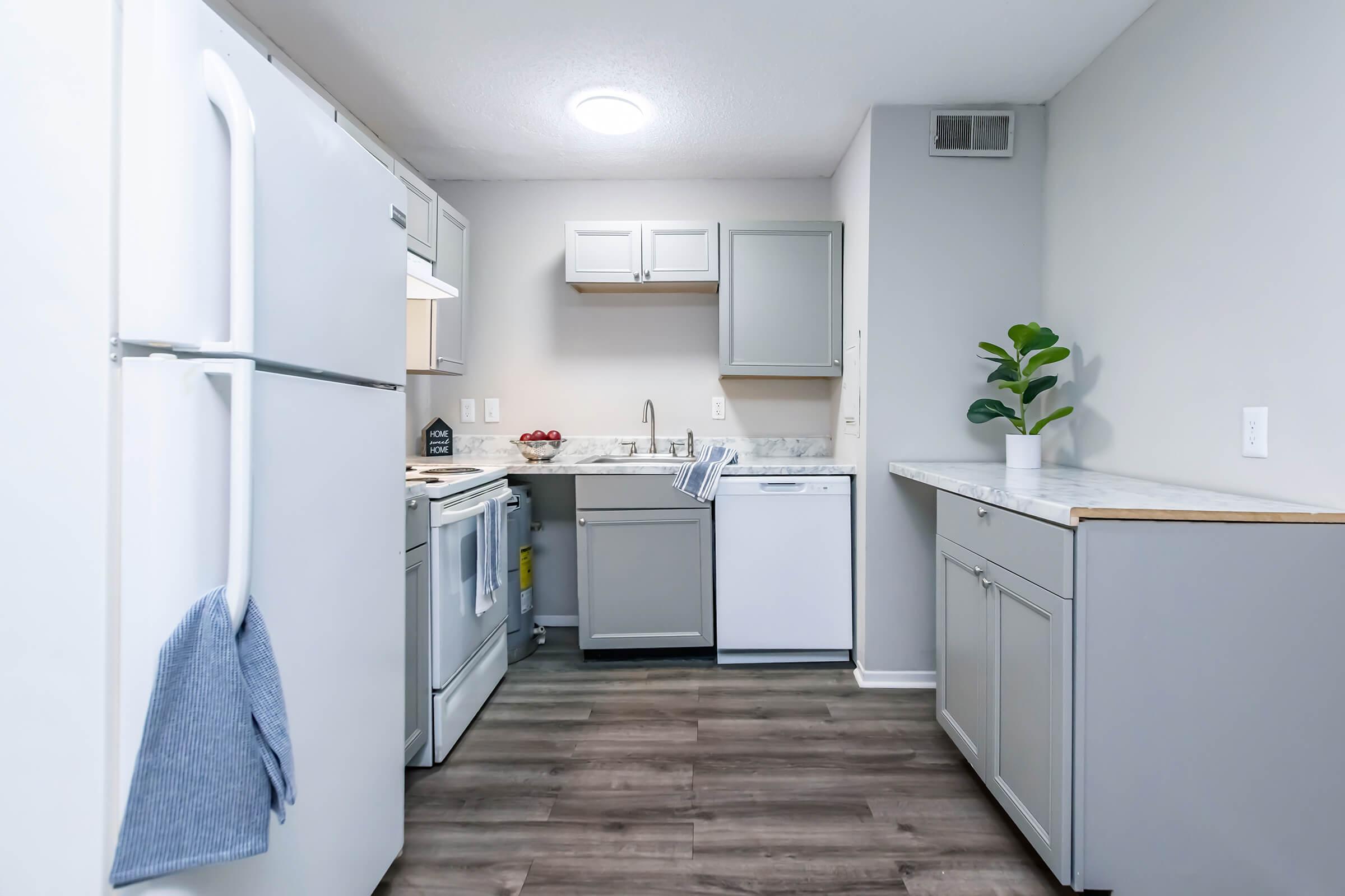 Modern kitchen featuring white appliances, light gray cabinets, and a marble countertop. The space includes a refrigerator, oven, dishwasher, and a small decorative plant on the counter. The flooring is a warm wood tone, creating a cozy atmosphere.