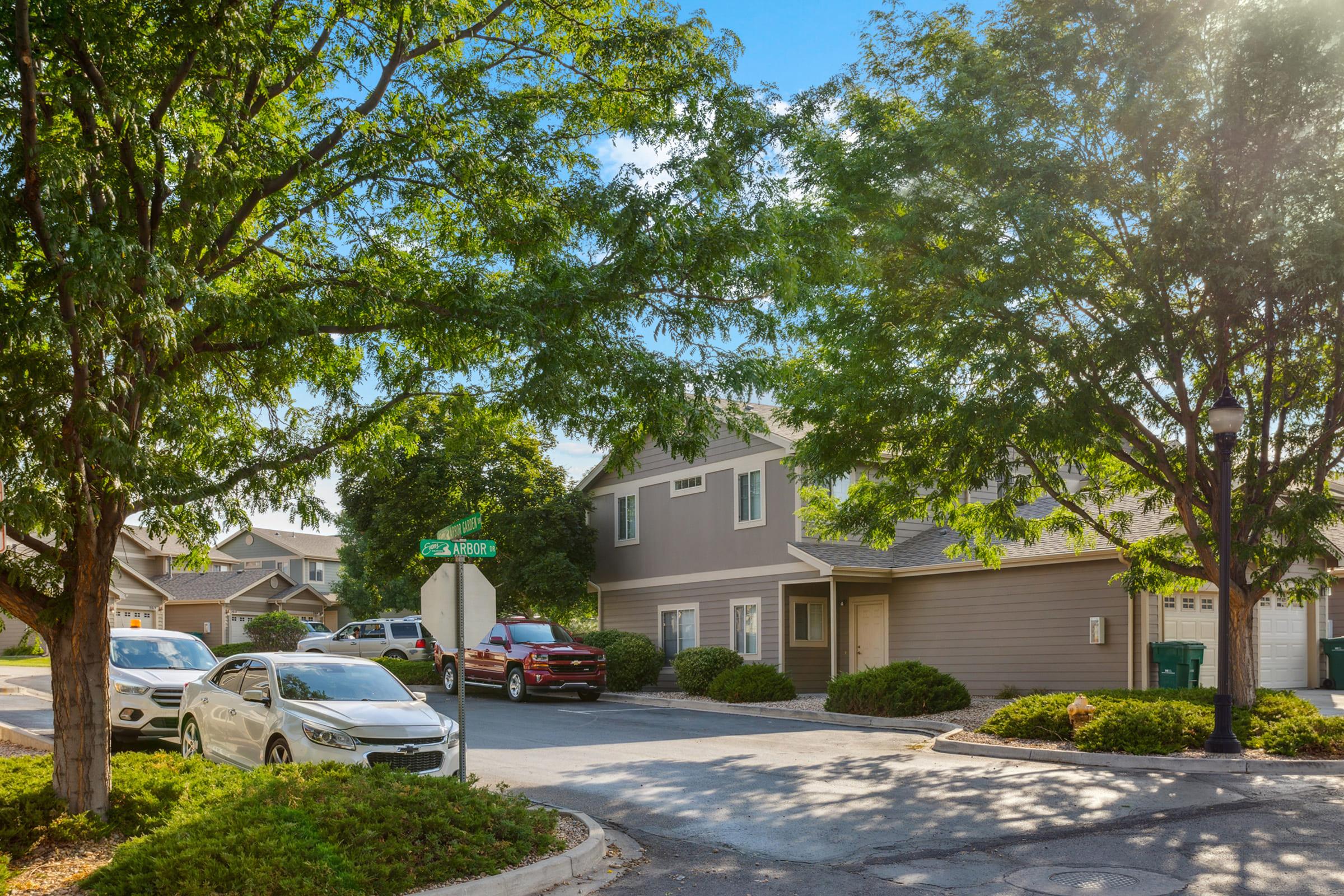 A residential neighborhood view featuring several parked cars on a tree-lined street. In the foreground, a white car and a red SUV are visible. The buildings are modern single-family homes, with one corner building prominently displayed. Sunlight filters through the trees, creating a bright, inviting atmosphere.