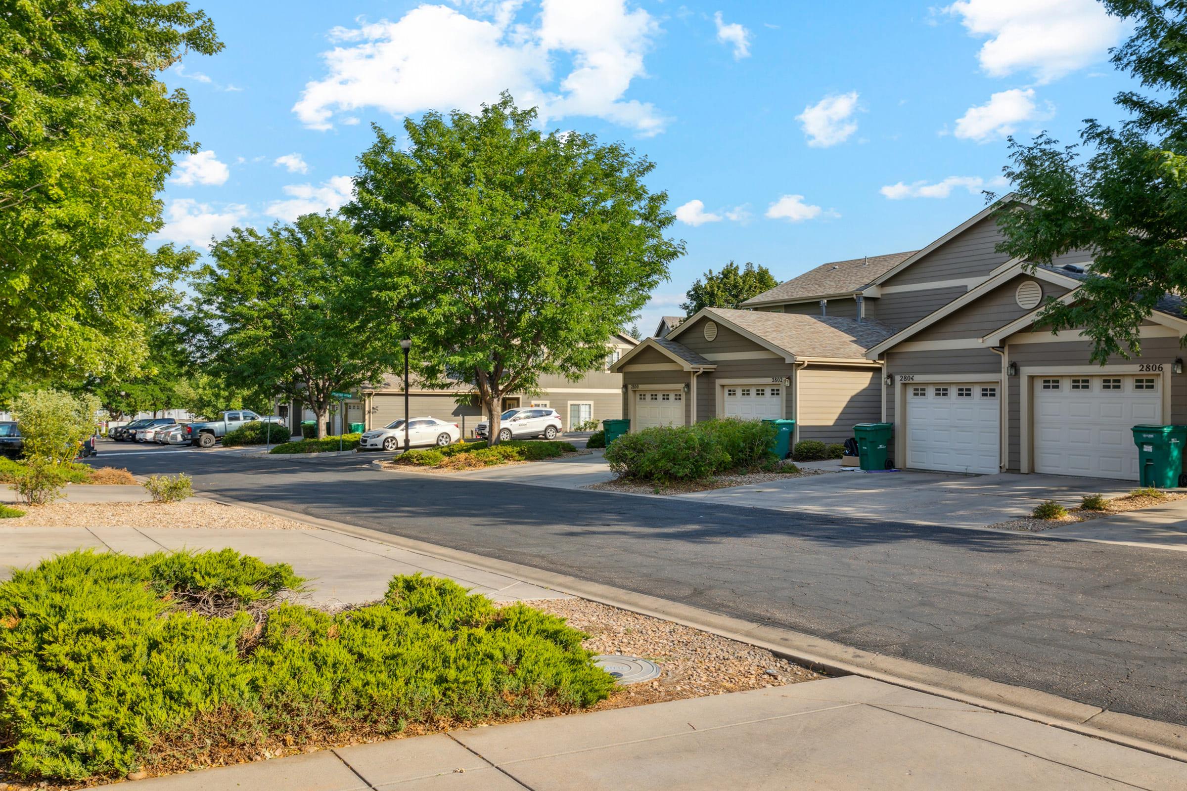 A peaceful suburban scene featuring a residential street lined with well-maintained homes and trees. The driveways of the houses are visible, along with some parked cars. Lush greenery and a clear blue sky create a serene atmosphere.